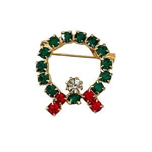 Christmas Rhinestone Wreath Pin Gold Toned 3/4" Brooch from an Estate
